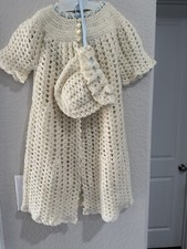 Gorgeous Crocheted White Christening Gown and Cap W/ Blue Ribbon Scalloped Edge