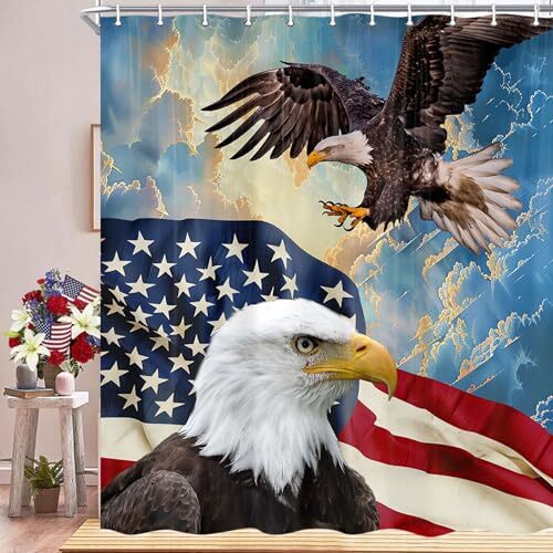 4th of July Shower Curtain, American Flag Shower Curtain, 70X70 IN Bald Eagle