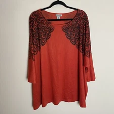 Catherines Top Sz 4X Women Blouse Red Black Peacock Jeweled S/S Shirt