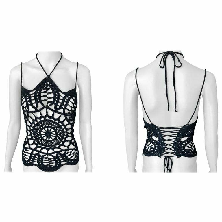 Dolce & Gabbana クロシェビスチェ M Dolce & Gabbana c. 2001 Sheer Open Knit Crochet Corset Black Top
