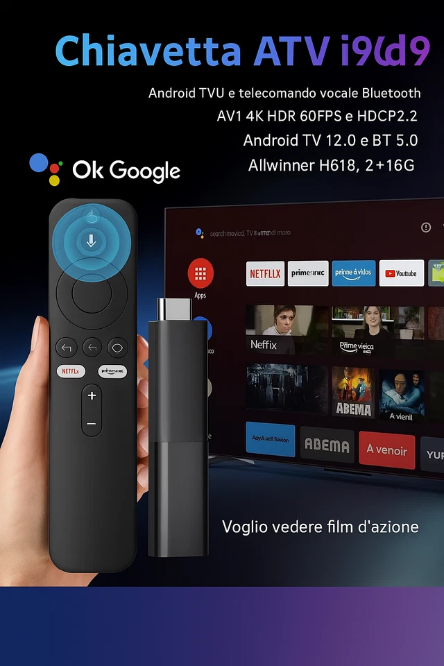 TV Stick Android 4K Ultra HD WiFi Mini Box con Telecomando 16GB RAM I96 - Immagine 2 di 4