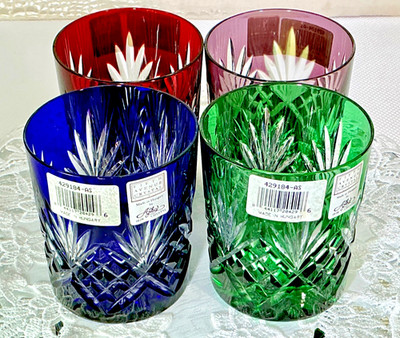 Ajka Cut to Clear Glass Faberge Odessa Set of 4 Whiskey Tumblers Old Fashioned.