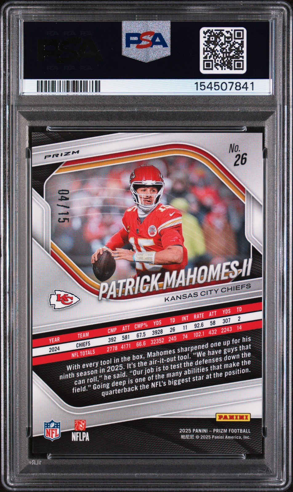 PATRICK MAHOMES II 2025 Panini Prizm FOTL  Purple Shimmer 04/15 Chiefs PSA 9 view 3
