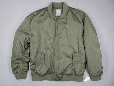 GAP Jacket Mens Large Olive Green Bomber Full Zip Snap Pockets Ribbed Hem Cuffs