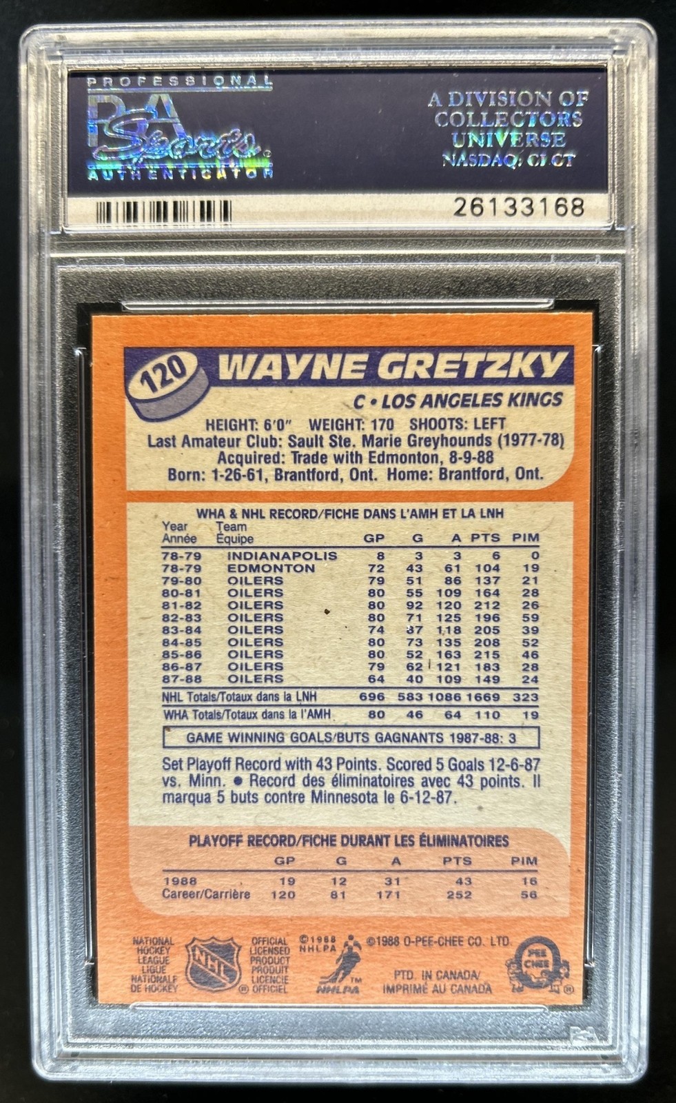 1988-89 O-Pee-Chee Wayne Gretzky #120 Kings PSA 8 view 2