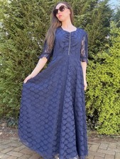 Vintage 1980s Maxi Dress Blue Lace Long Dress with Diamante Detail Size 16
