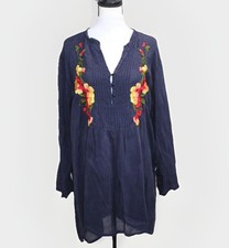 Johnny Was Tunic Dress Size 1X Blue Floral Embroidered 100% Rayon V Neck