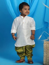 Boy's White Light Green Kurta With Dhoti Pant Set