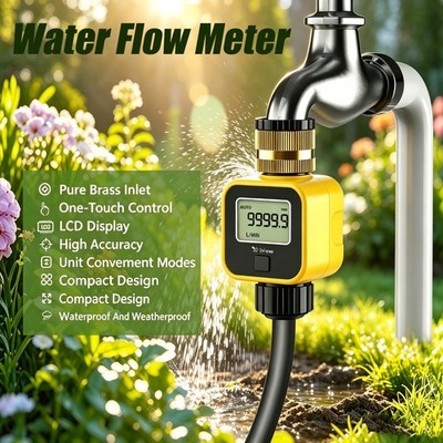 Water Flow Meter with Brass Inlet Metal Thread 3/4 Inch for Outdoor Garden ，a