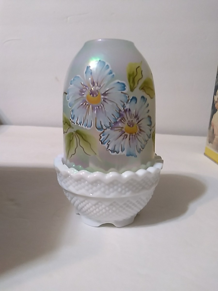 Vintage Fenton Glass 2 Piece Fairy Lamp Hand Painted, Blue Flowers