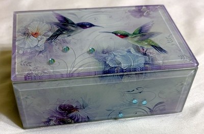 Hummingbird with Flower Beveled Glass Keepsake Box with Velvet Liner 4.7 inch