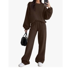 Sweatyweee Women 2 Piece Fleece Lined Sweatsuit Brown Wide Leg Lounge Set Size M