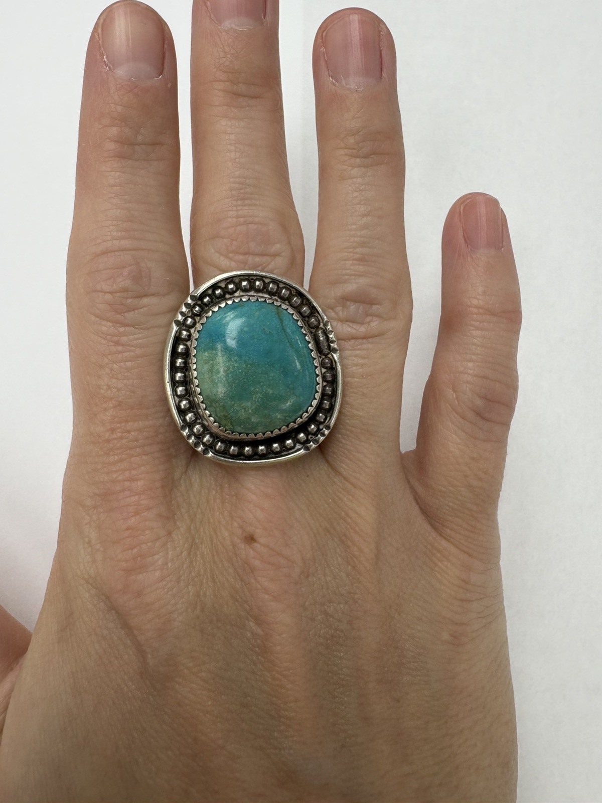 Signed Turquoise Bezel Split Shank Ring Size 8.5 - image 2