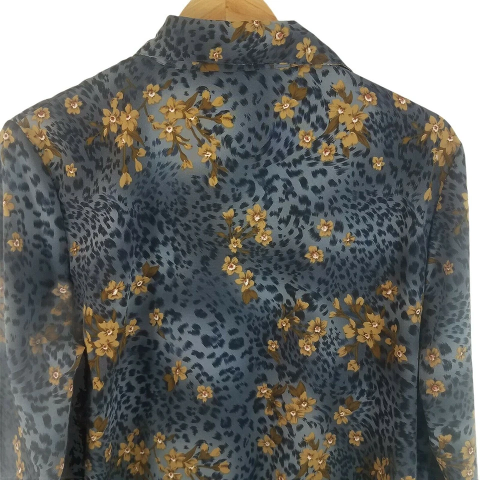 Blusa para mujer Claudia Richard grande azul negra floral estampado de leopardo botón delantero Foto 4 de 4
