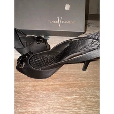 Vince Camuto Slingback Heels Rhinestone Embellished Peep Toe Black Satin 7M