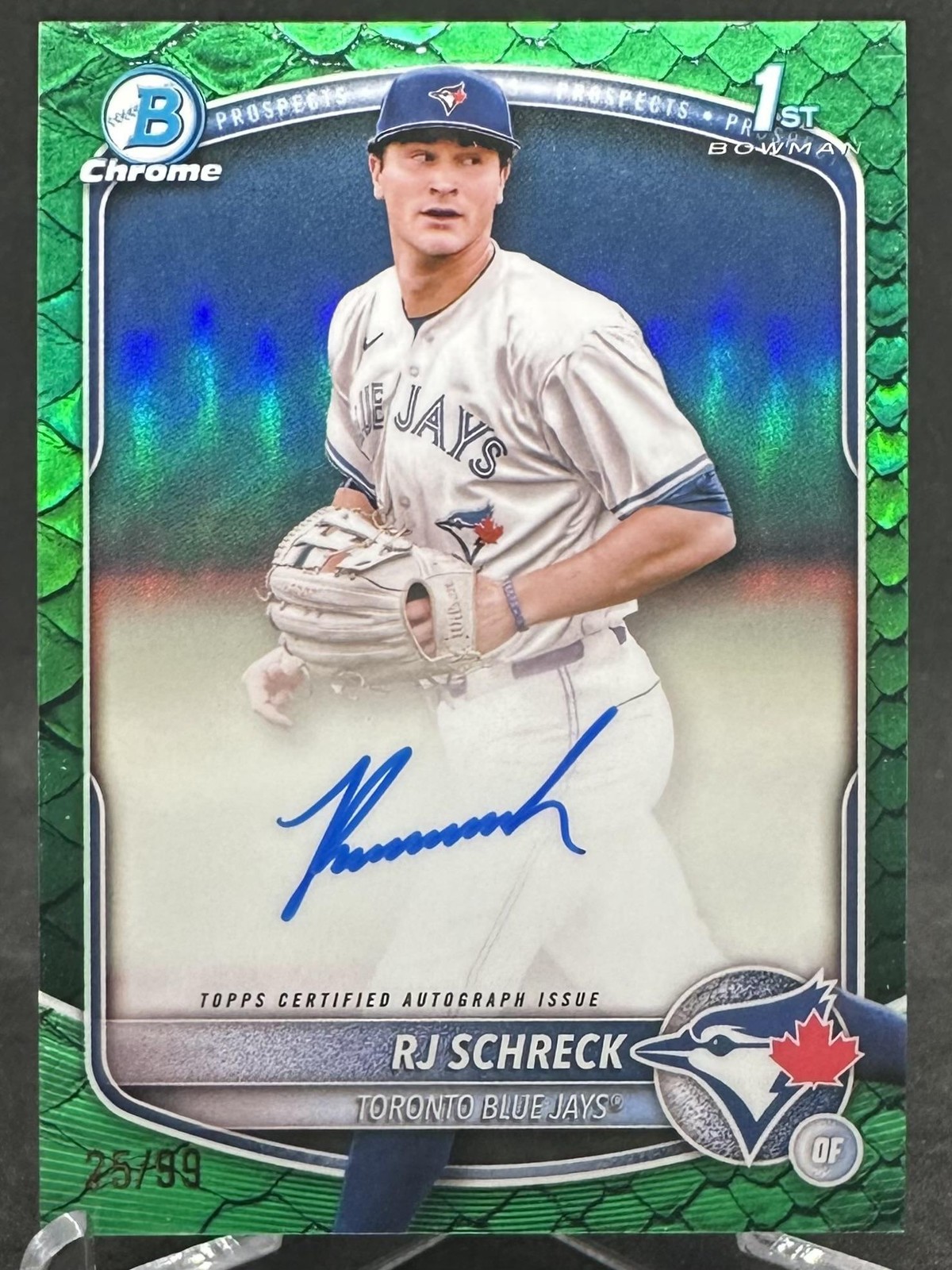 RJ Schreck 2025 Bowman Chrome 1st Bowman Prospect Auto Reptilian Green /99