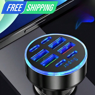 100W 8in1 Car Charger Fast Charging Multi Port USB C Quick Charge iPhone Samsung