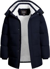 Boys Winter Puffer Jacket-Navy Blue-Hooded w/Faux Fur-Size 14/16