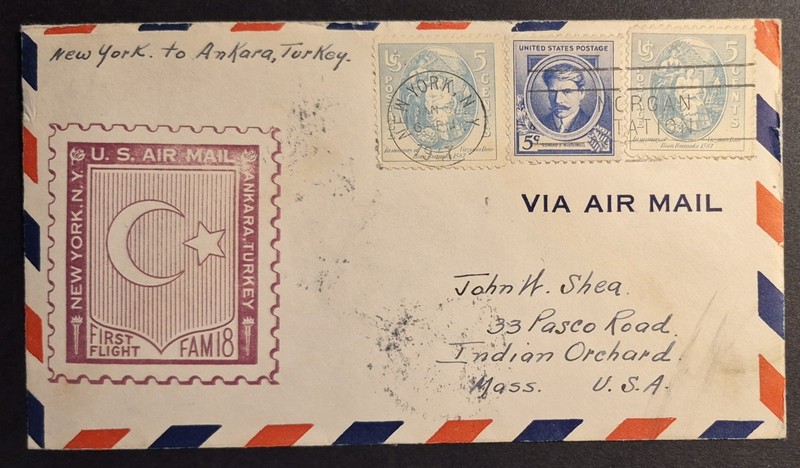 1947 First Flight New York NY Ankara Turkey Airmail FAM 18 F18-40 Air Mail Cover