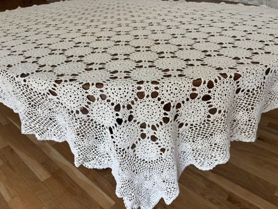 Vintage Hand Crocheted Large Tablecloth 72x54  Thick Beautiful Cotton Ecru EUC 
