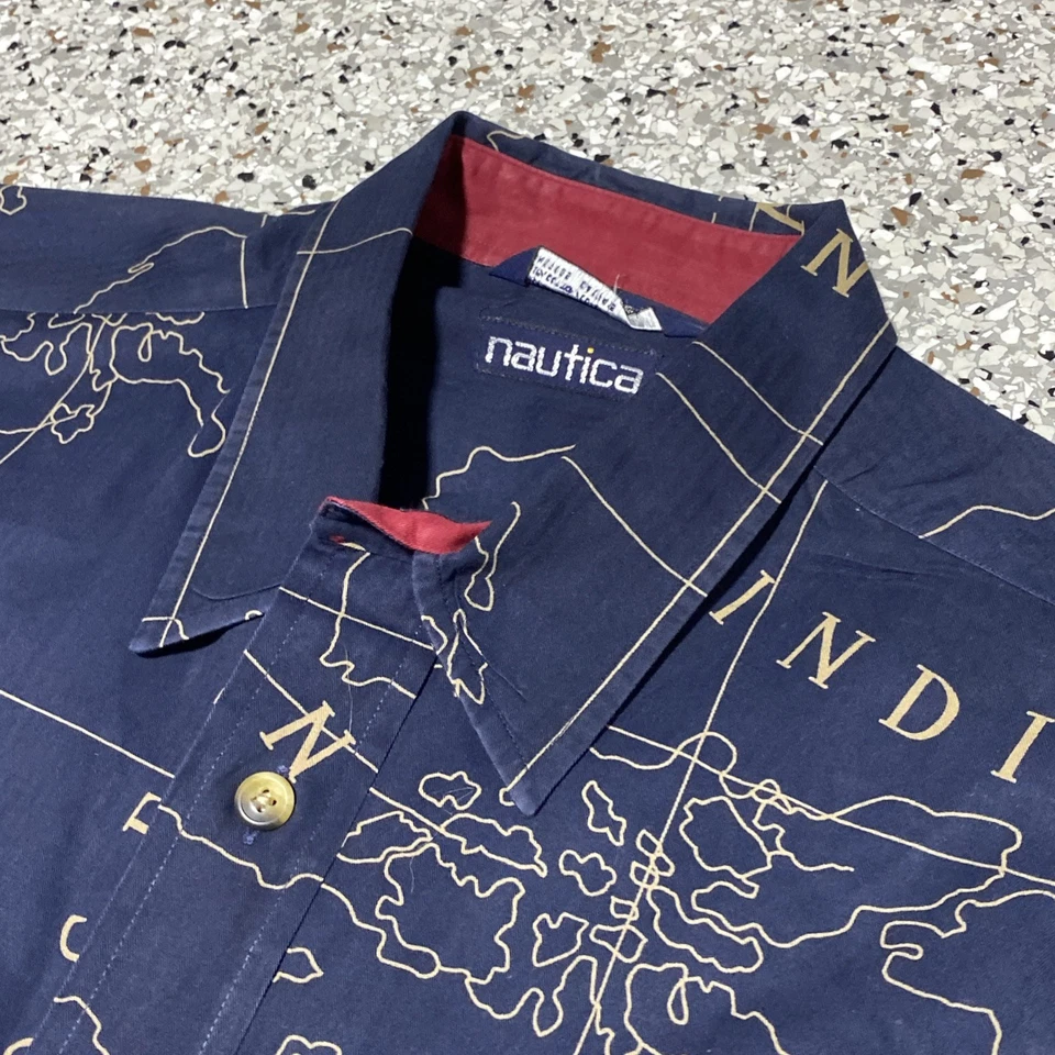 Camisa De Colección AOP Nautica Azul Desafío Agua Mapa Océano Para Hombres XL Bordada Informal Foto 4 de 4
