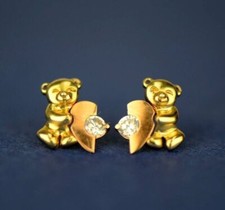 14k Yellow Gold CZ Heart Bear Stud Earring