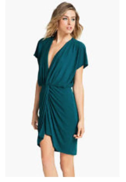 NUEVO CON ETIQUETAS $395 VESTIDO DRAPEADO SLINKY JERSEY VERDE AZULADO COSTERO ALTO HIPPIE COSTERO L Foto 2 de 4