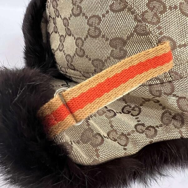 Gucci Pilot Flight Cap GG Monogram Canvas Size M Beige Brown Fur