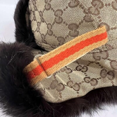 Gucci Pilot Flight Cap GG Monogram Canvas Size M Beige Brown Fur