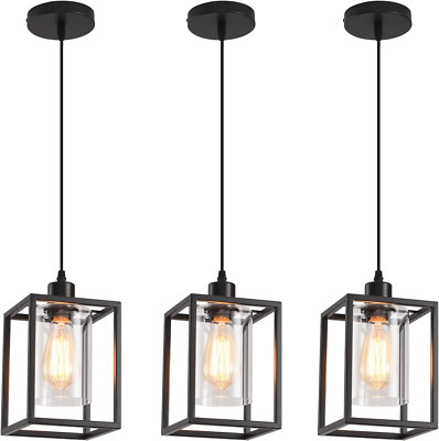3 Pack Black Pendant Lights with Glass Shade for Kitchen Island & Dining Room