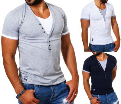 Carisma 2in1 double T-Shirt Kontrast Knöpfe tiefer V-Ausschnitt