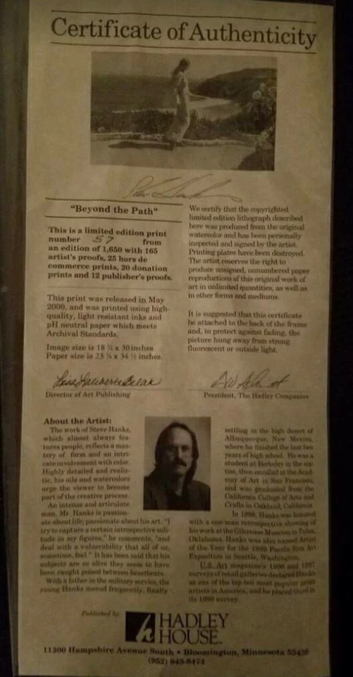 "Beyond the Path" Steve Hanks Edición Aniversario De Colección Enmarcado #57/1650 Certificado de Autenticidad Foto 2 de 3