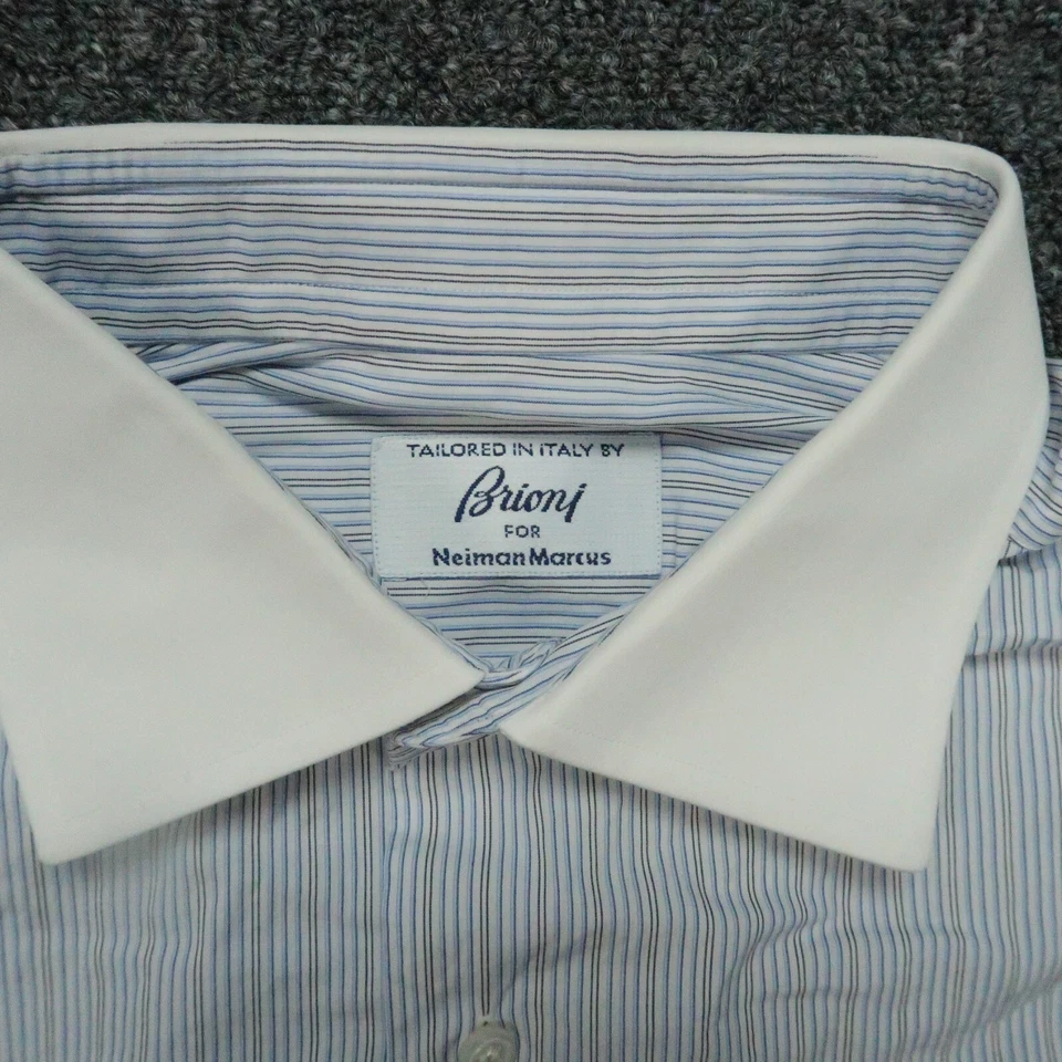 Camisa Brioni Para Hombre Extra Grande 16 Azul Blanco Manga Larga Botón Italia Puño Francés Foto 3 de 4