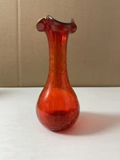 Vintage Rainbow Crackle Glass Vase Red Amberina 7-1/4” Hand Blown