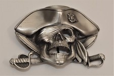 1997 Solid Fine Pewter Pirate Skull in Hat and Swords Belt Buckle 4486