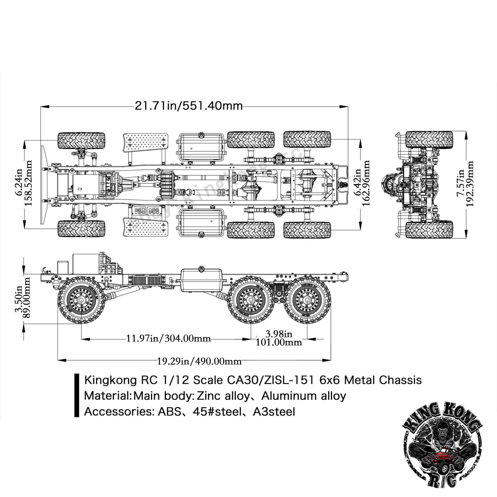 Kingkong RC 1/12th CA30/ZISL-151 6x6 RC Car Crawler Truck Metal Chassis KIT Set