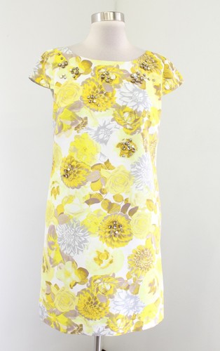 Eliza J Yellow Floral Print Beaded Jeweled Cap Sleeve Shift Dress Size 8P
