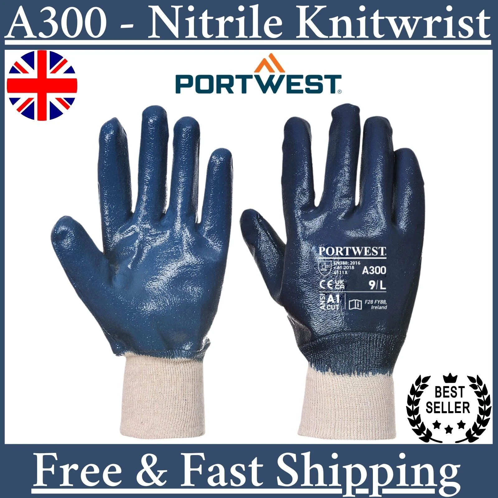 12Pair Portwest Nitrile Knit Wrist Gloves Fully Waterproof Oil Grease Proof A300