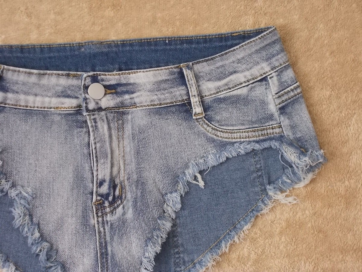 Denim micro mini shorts mid rise cheeky stretchy daring soft Asian