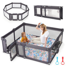 Extra Large Foldable Baby Playpen with Door Mat - Dark Grey 79x71