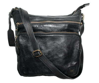 WISE OWL Black Washed Vintage Leather Hipster Crossbody Bag Unstructured