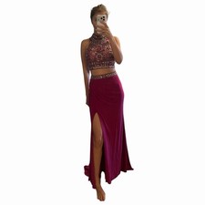 Sherri Hill Magenta Beaded Crop top Two-Piece skirt Prom Gown Size 2