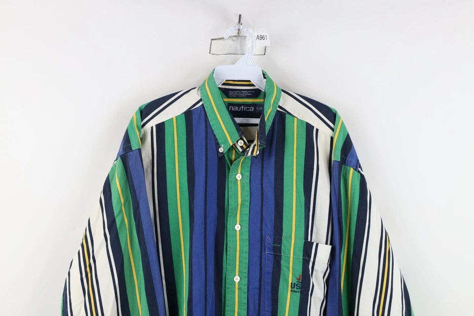 Camisa De Colección Años 90 Nautica Para Hombres Grande Deletreada Rayas Bloque de Color Abotonada Foto 2 de 4