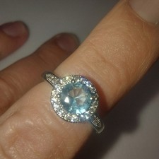 925 Sterling Silver Bright Blue Topaz Ring Cz Halo  Cz Band Accents Sz 4.75 EUC