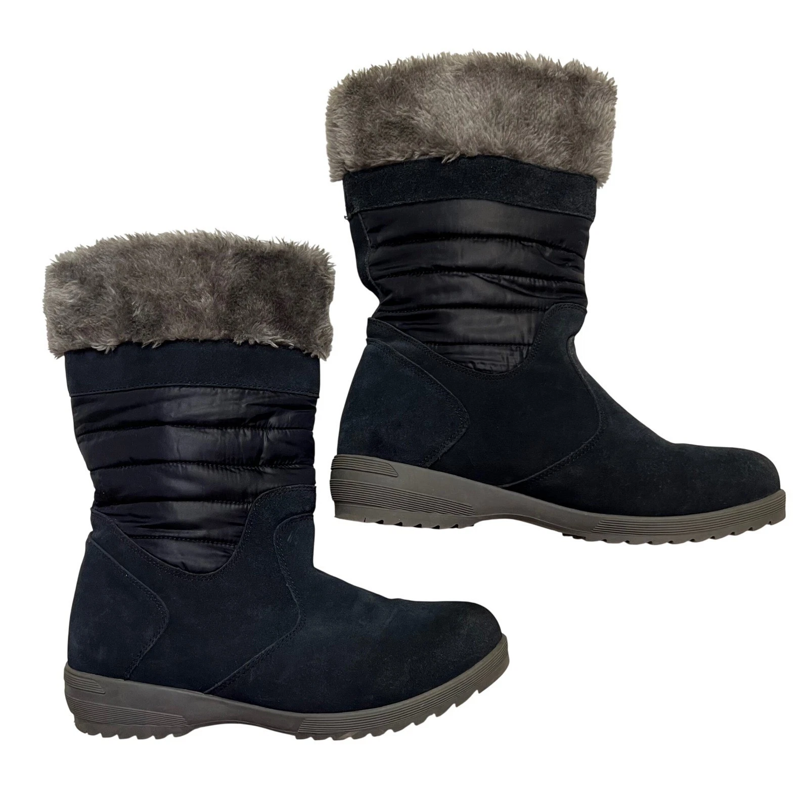 Lands' End Navy Suede Quilted Faux Fur Insulated Winter Snow Boots Size 10