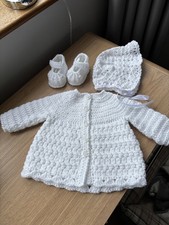 Baby Cardigan Coat Set Shoes Bonnet Newborn White Hand Crochet Reborn