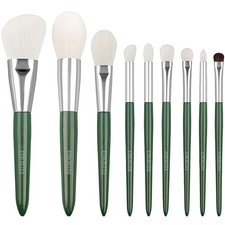 Natural Real Goat Hair Makeup Brushes Set Labeled 9 Piece Face and Eye green