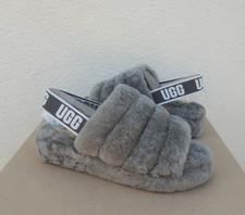 UGG CHARCOAL FLUFF YEAH SLIDE SHEEPSKIN SLIPPER SANDALS, WOMEN US 5/ EUR 36 NEW