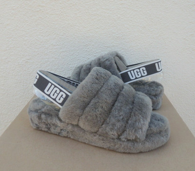UGG CHARCOAL FLUFF YEAH SLIDE SHEEPSKIN SLIPPER SANDALS, WOMEN US 5/ EUR 36 ~NEW