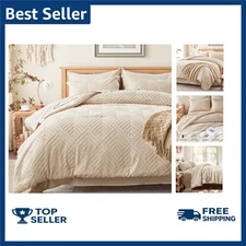 King Size Comforter Set 7 Pieces, Beige Tufted Bed in a Bag with Comforter an...